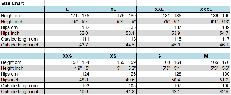 Tai Chi pants Size Chart